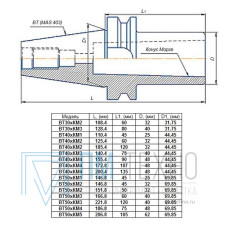 Втулка переходная с хвостовиком 7:24-ВТ50 (MAS403) на КМ1х 45мм для станков с ЧПУ со сквозным отверстием для конц. фрез